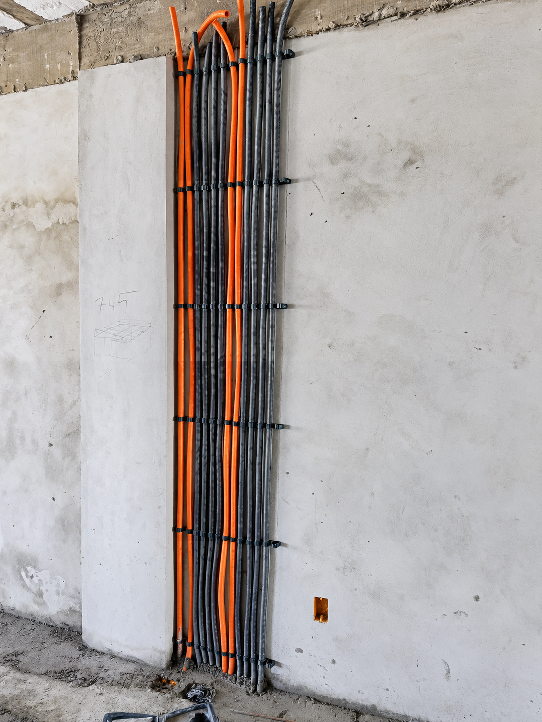 Conduítes elétricos organizados em parede de obra